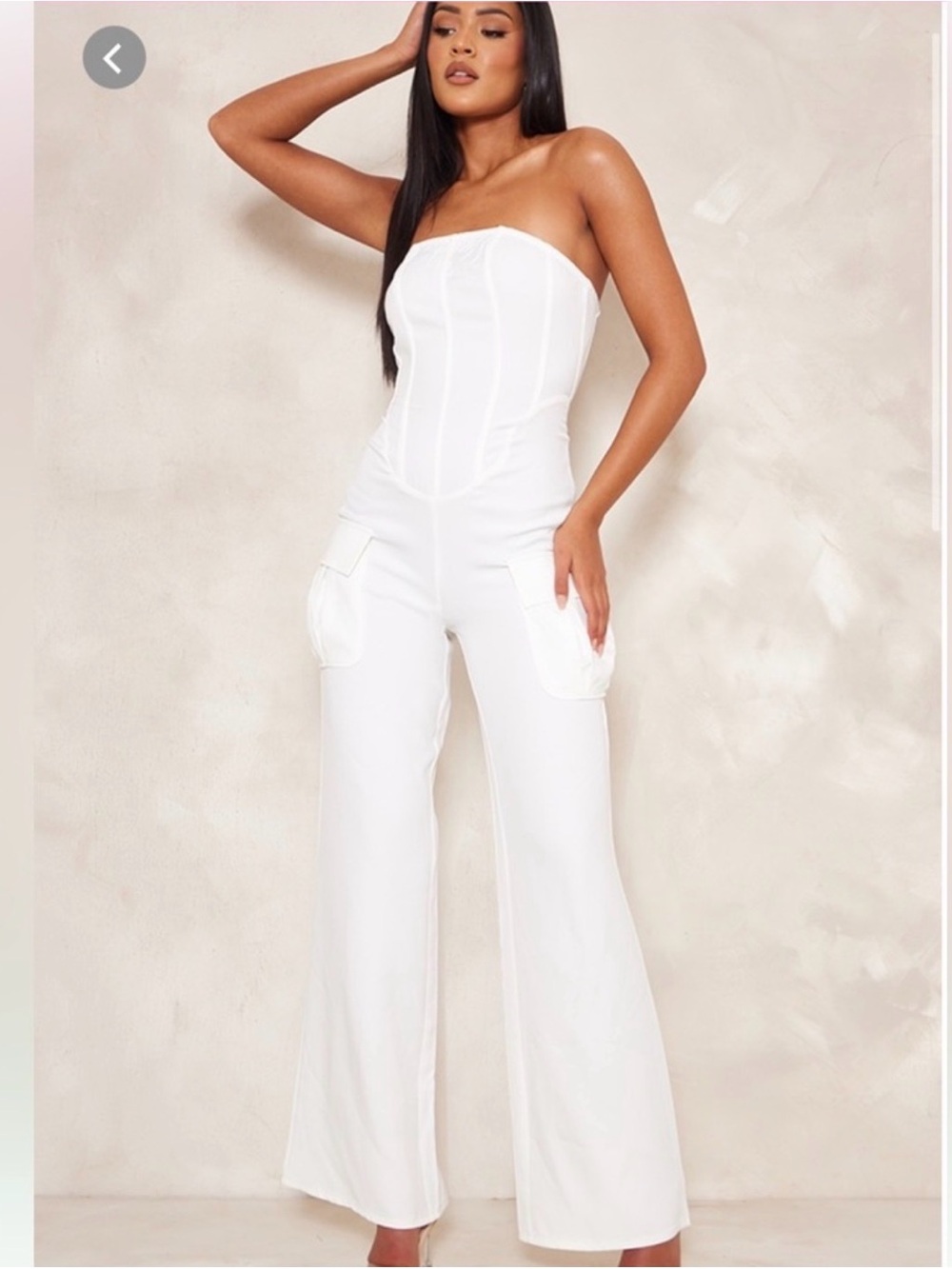 Pretty Little Thing Strapless corset White Cargo Wide-Leg Jumpsuit